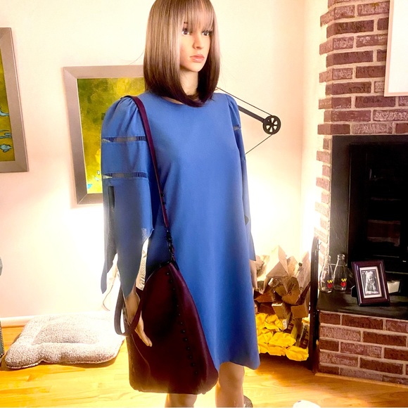 💙SEE BY CHLOE—Size 4 , Dusty Blue Shift Dress, Geometrical Cut / Tie Sleeves 💙 - Picture 11 of 16